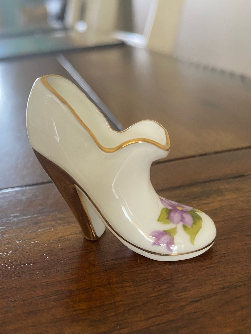 Vintage Miniature Porcelain Shoe Trinket Purple Violet Floral Pattern Gold Trim